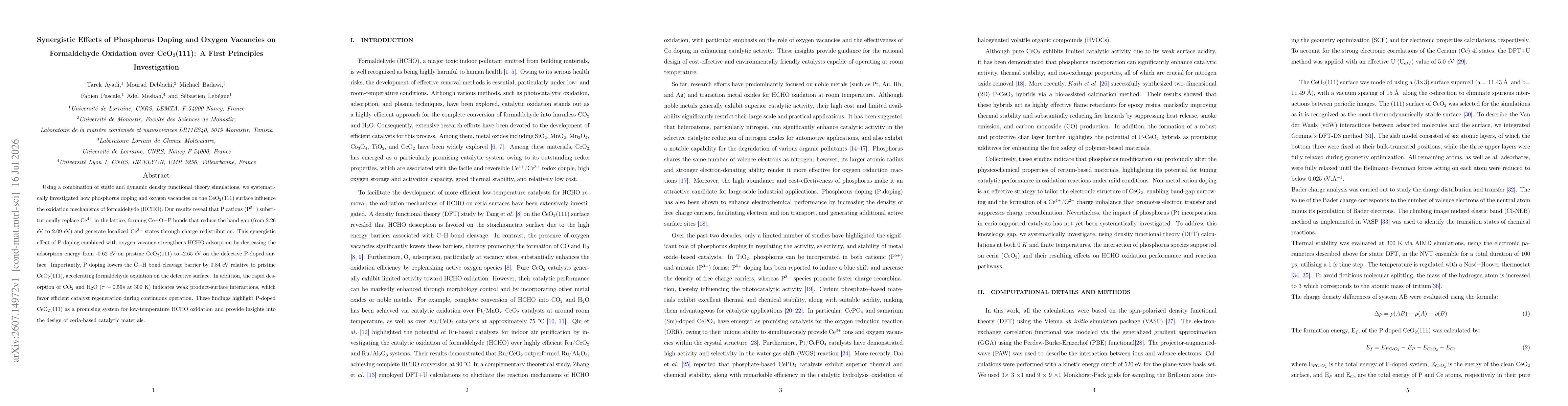 Thumbnail for Synergistic Effects of Phosphorus Doping and Oxygen Vacancies on Formaldehyde Oxidation over CeO$_2$(111): A First Principles Investigation