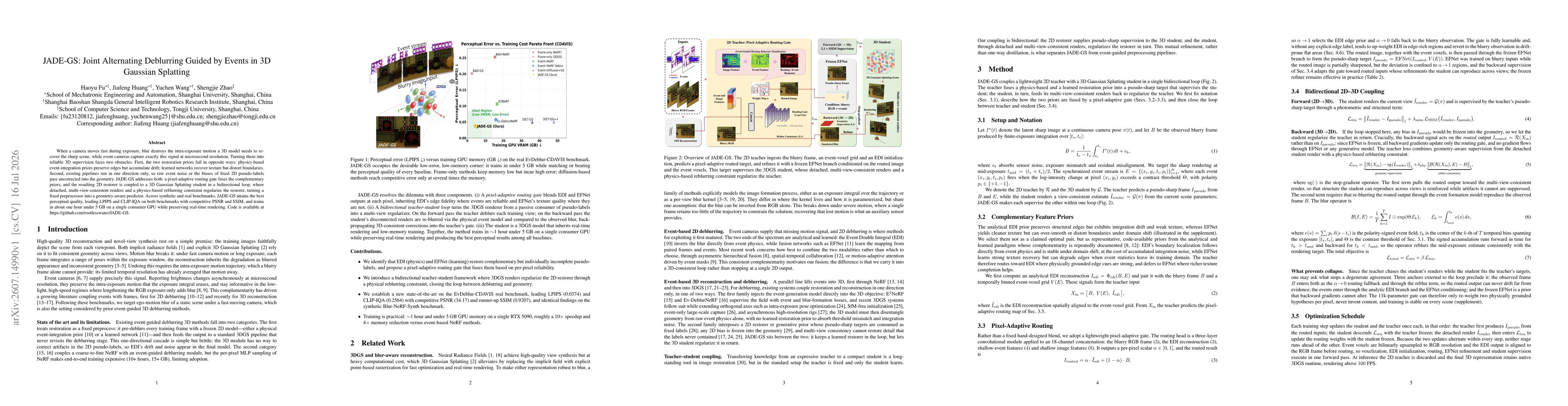 Thumbnail for JADE-GS: Joint Alternating Deblurring Guided by Events in 3D Gaussian Splatting