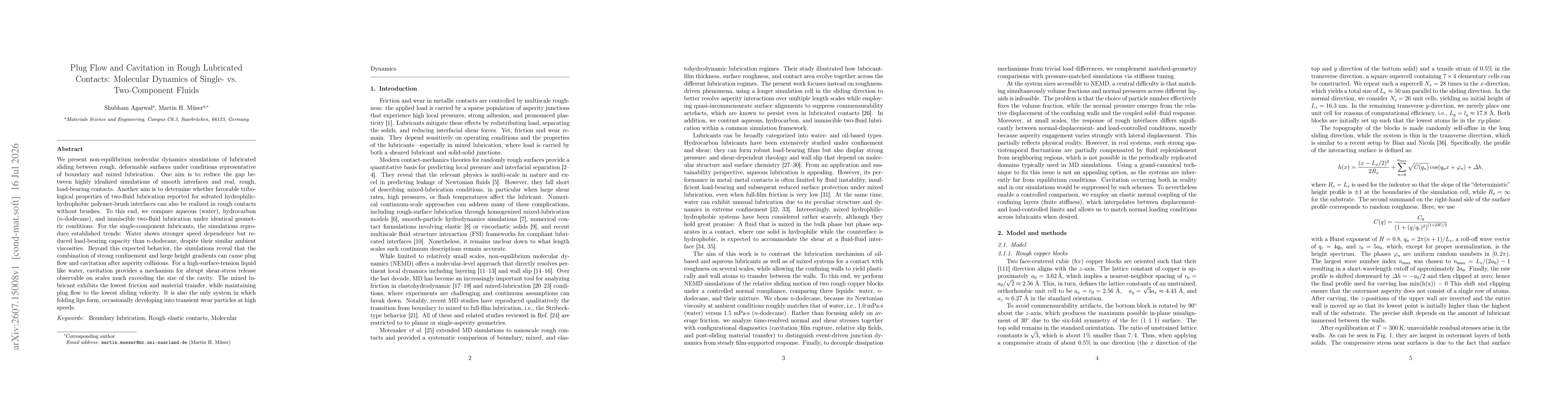 Thumbnail for Plug Flow and Cavitation in Rough Lubricated Contacts: Molecular Dynamics of Single- vs. Two-Component Fluids