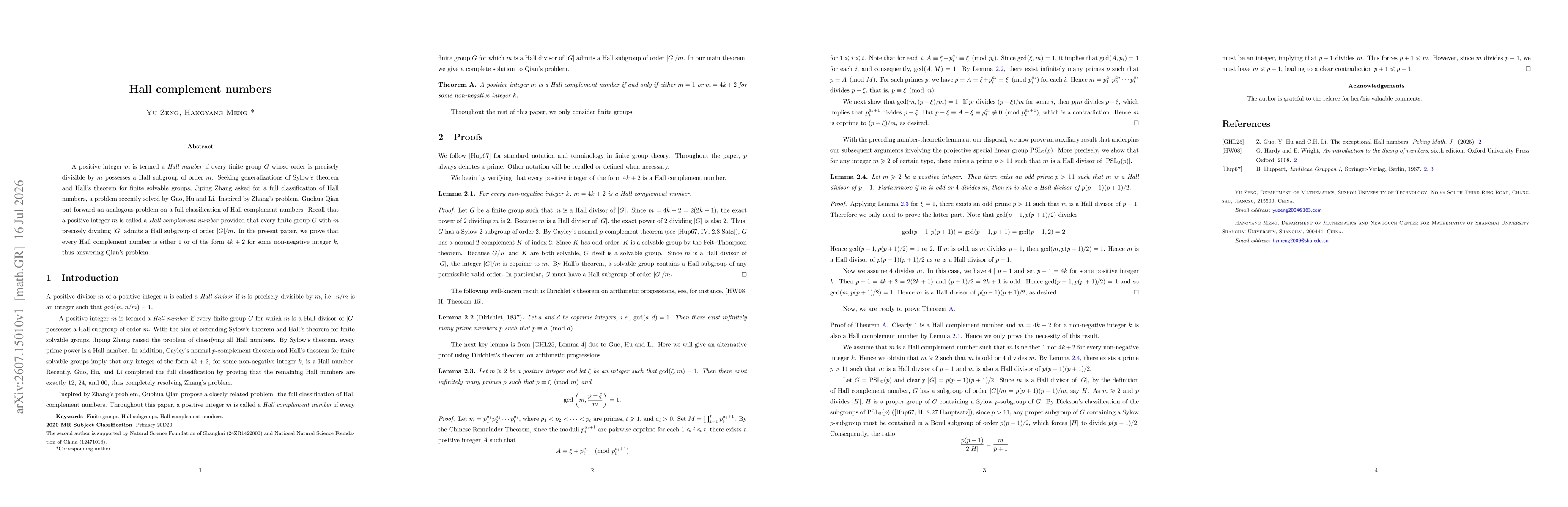 Thumbnail for Hall complement numbers