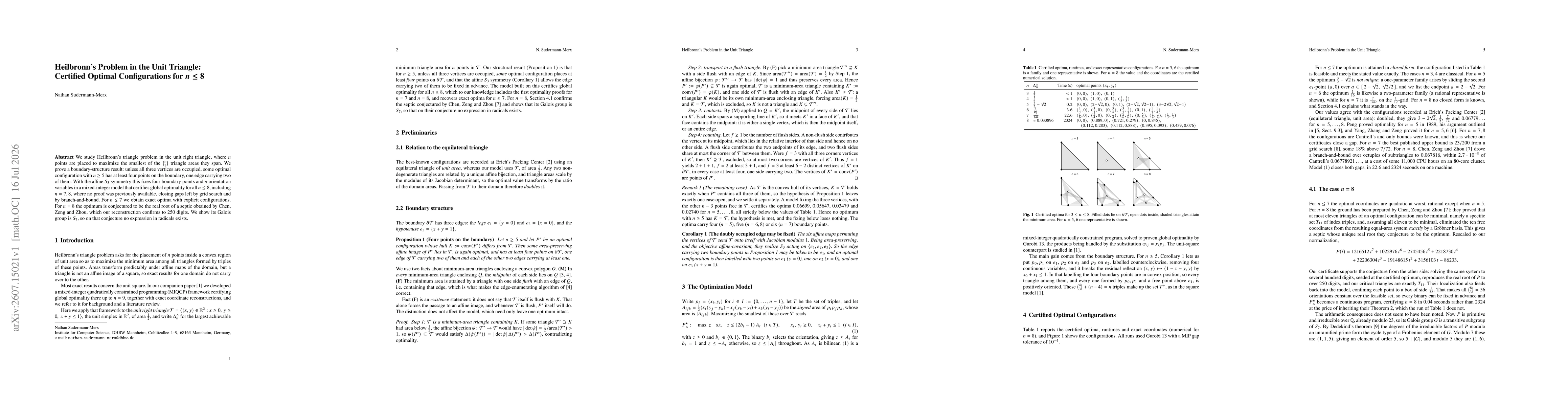 Thumbnail for Heilbronn's Problem in the Unit Triangle: Certified Optimal Configurations for up to $n\le 8$