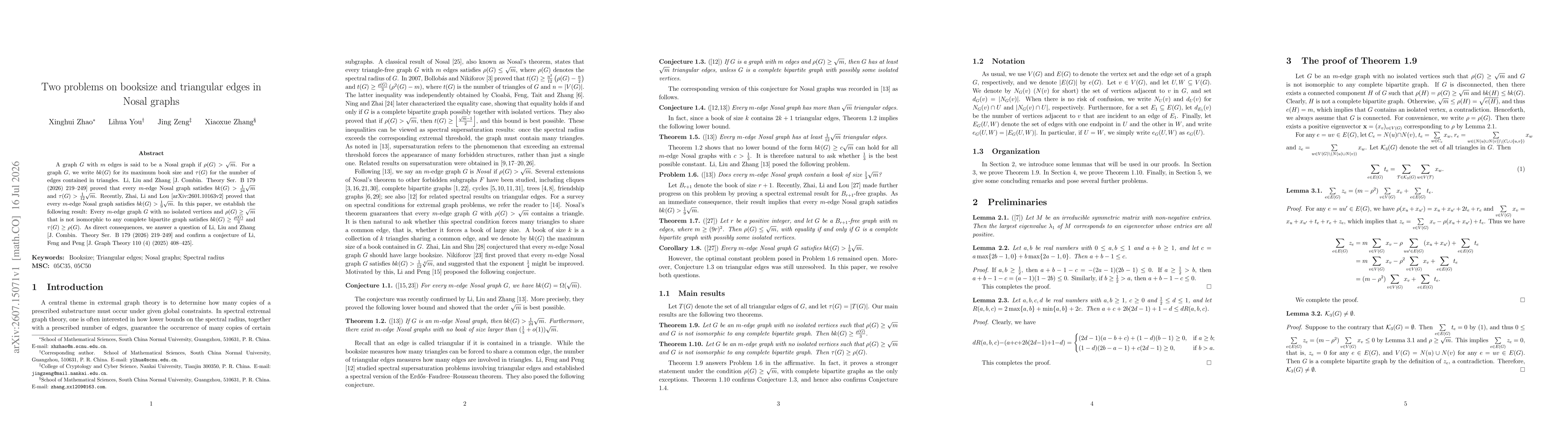Thumbnail for Two problems on booksize and triangular edges in Nosal graphs