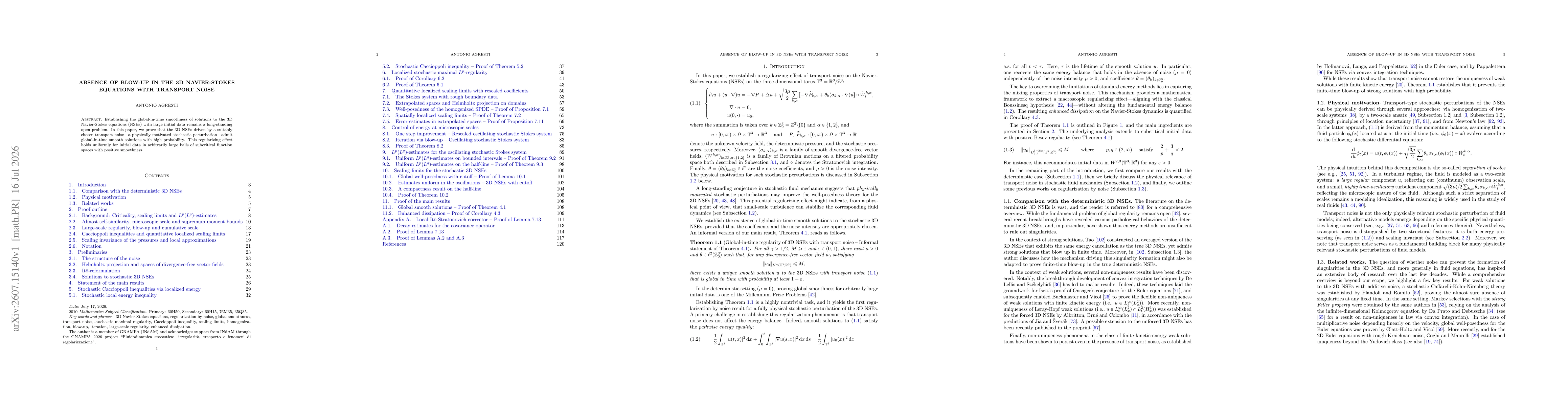 Thumbnail for Absence of blow-up in the 3D Navier-Stokes equations with transport noise