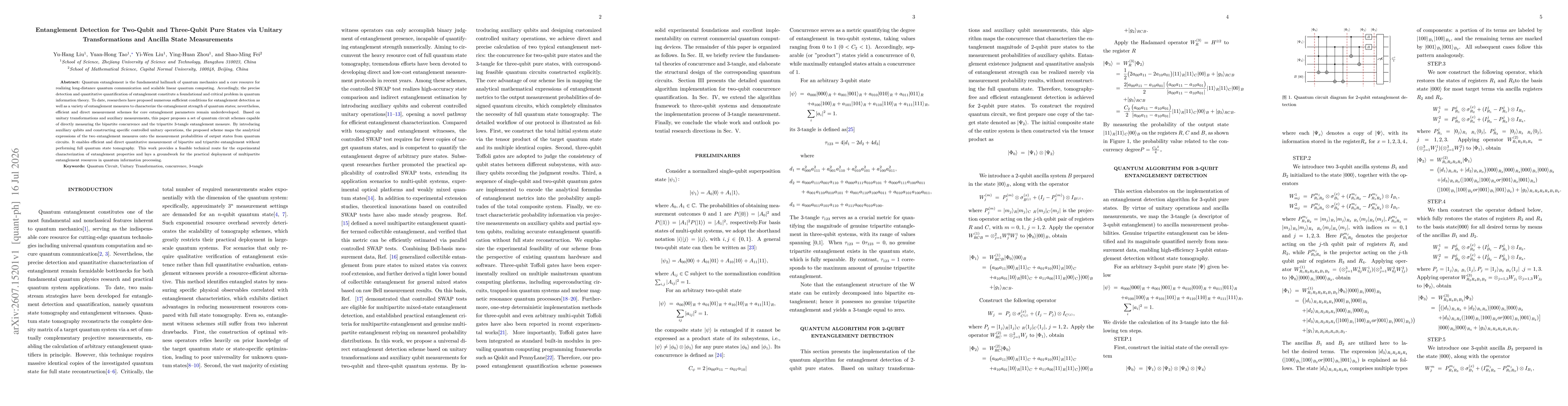Thumbnail for Entanglement Detection for Two-Qubit and Three-Qubit Pure States via Unitary Transformations and Ancilla State Measurements