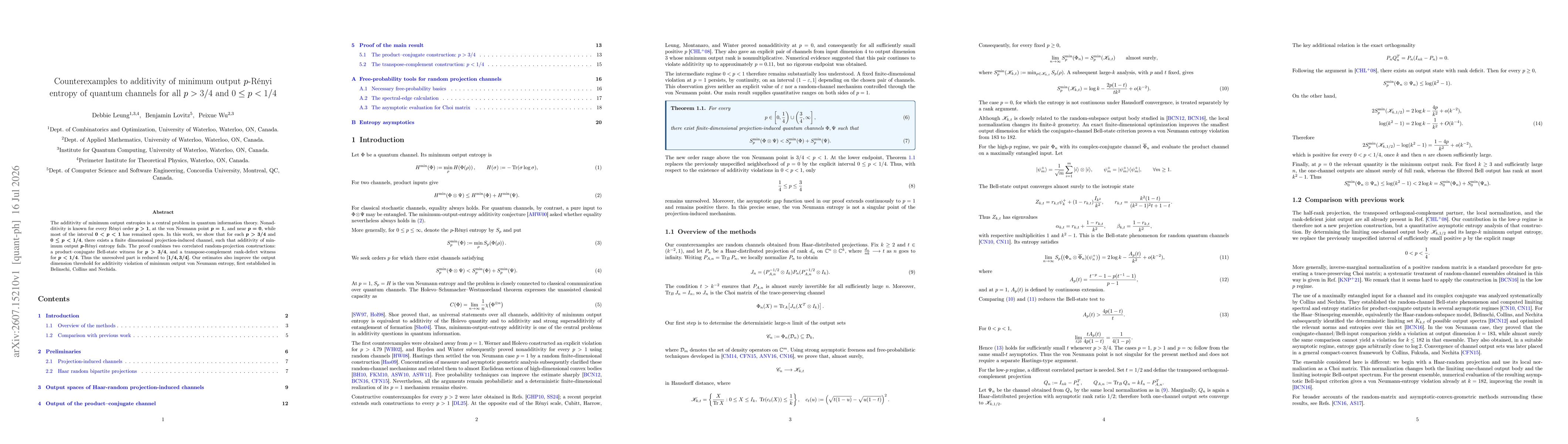 Thumbnail for Counterexamples to additivity of minimum output $p$-Rényi entropy of quantum channels for $p>3/4$ and $0\leq p<1/4$