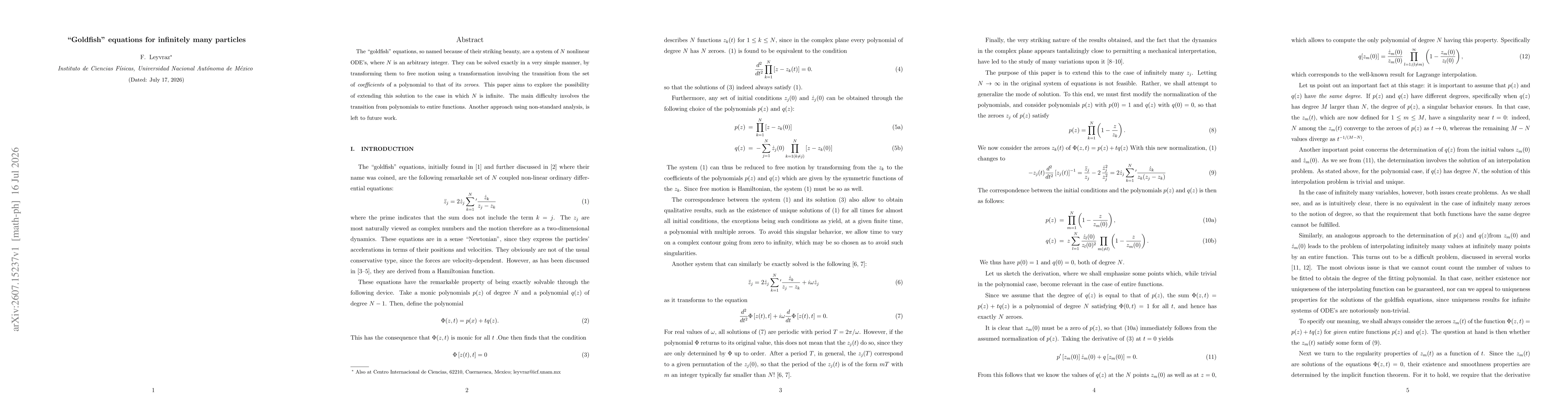 Thumbnail for "Goldfish'' equations for infinitely many particles
