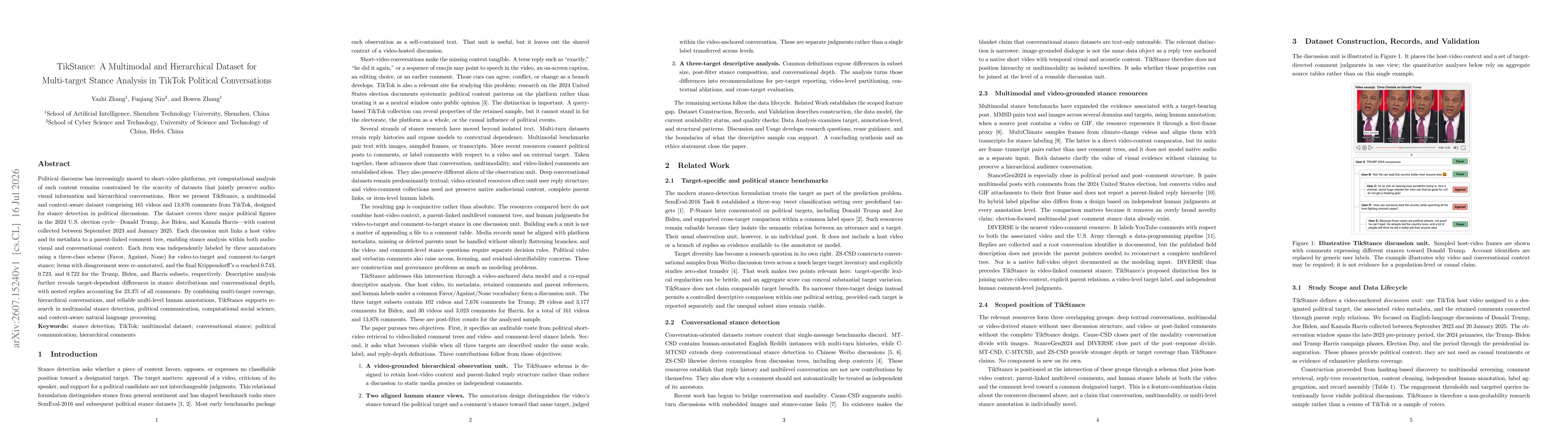 Thumbnail for TikStance: A Multimodal and Hierarchical Dataset for Multi-target Stance Analysis in TikTok Political Conversations