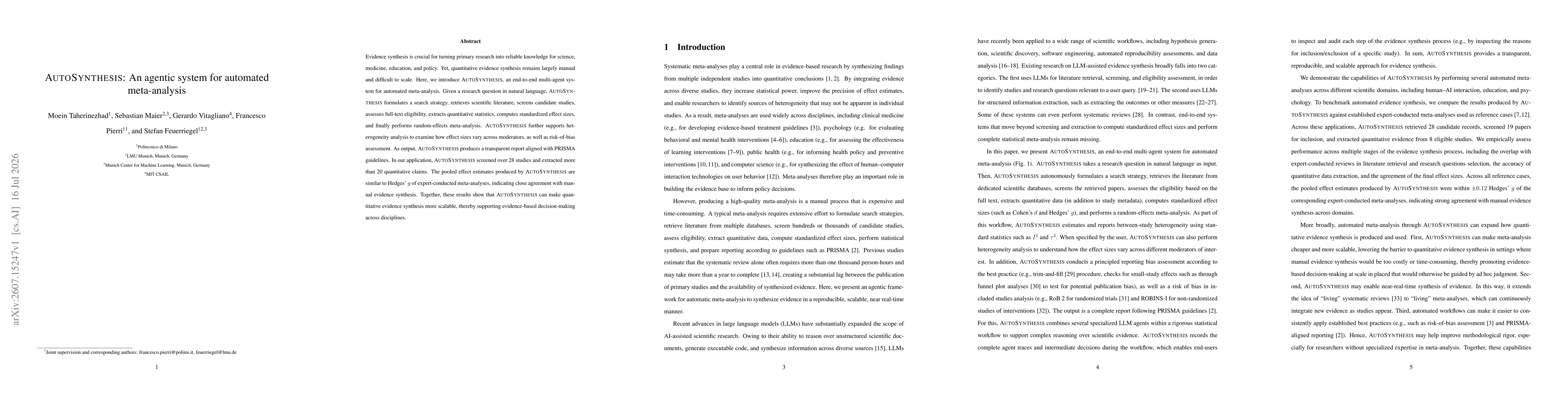 Thumbnail for AutoSynthesis: An agentic system for automated meta-analysis