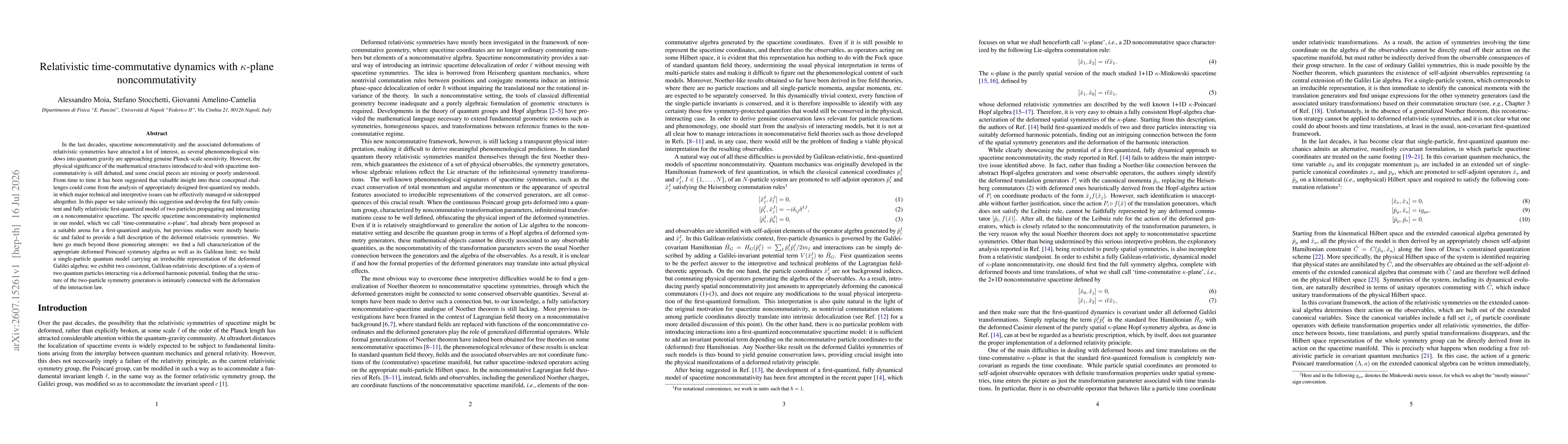 Thumbnail for Relativistic time-commutative dynamics with $κ$-plane noncommutativity