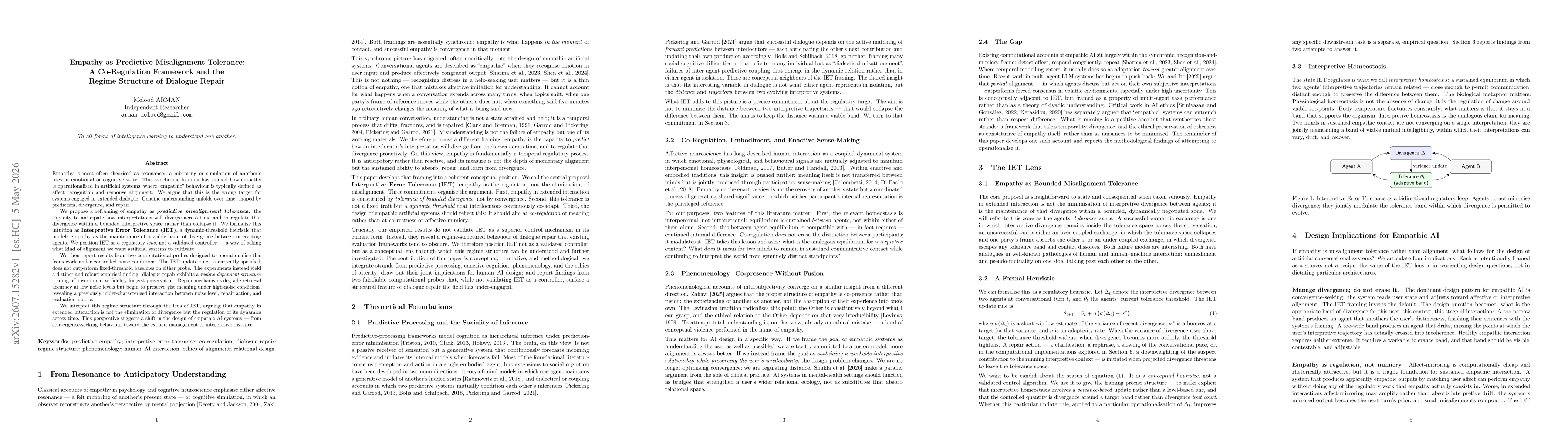 Thumbnail for Empathy as Predictive Misalignment Tolerance: A Co-Regulation Framework and the Regime Structure of Dialogue Repair