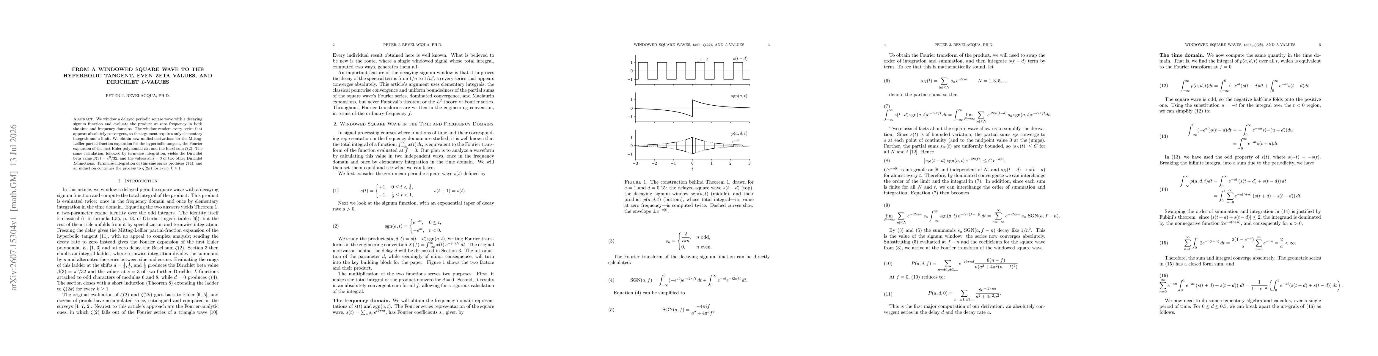 Thumbnail for From a Windowed Square Wave to the Hyperbolic Tangent, Even Zeta Values, and Dirichlet L-Values
