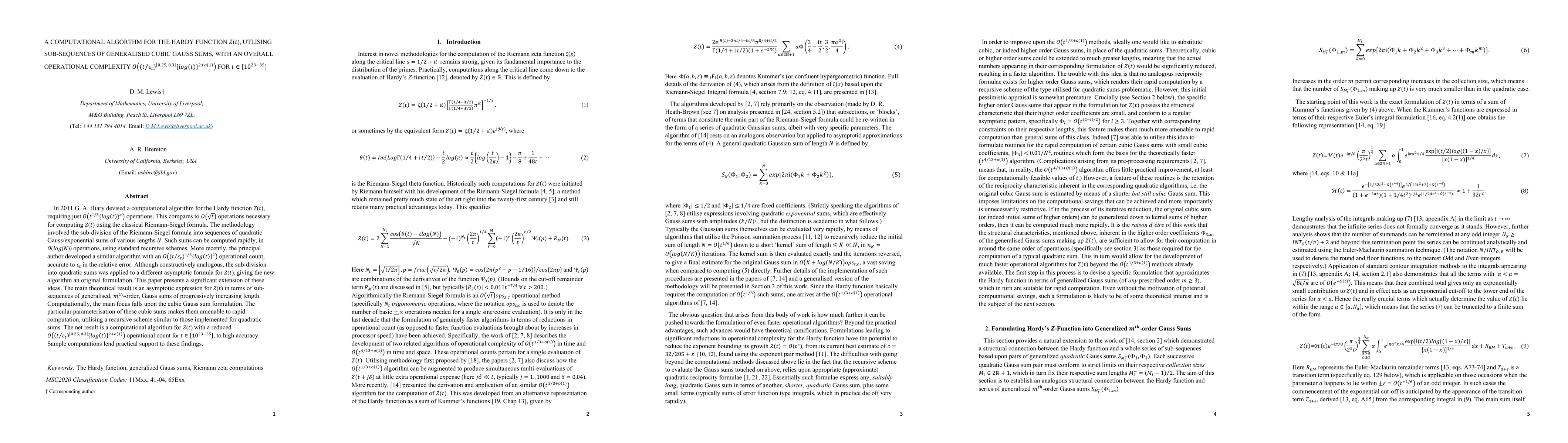 Thumbnail for A computational algorithm for the Hardy function $Z(t)$, utilising sub-sequences of generalised cubic Gauss sums, with an overall operational complexity of $O\bigl((t/\varepsilon_t)^{[.25,.3]}(\log t)^{2+o(1)}\bigr)$, for $t \in [10^{23},10^{35}]$