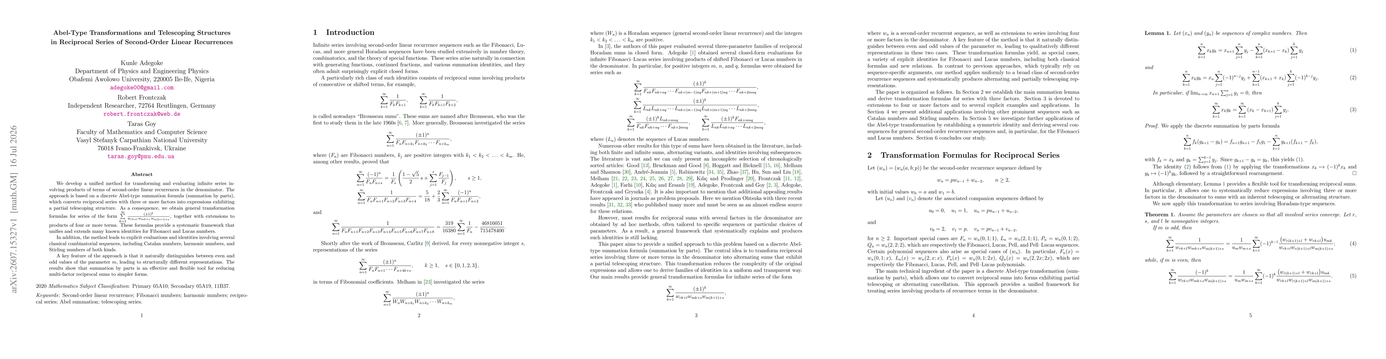 Thumbnail for Abel-Type Transformations and Telescoping Structures in Reciprocal Series of Second-Order Linear Recurrences