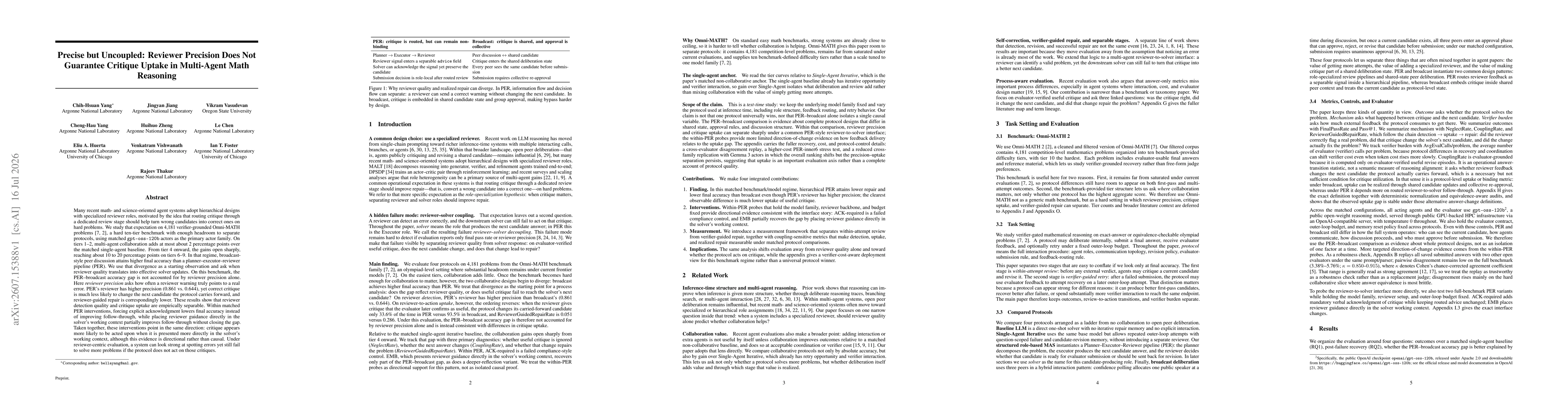 Thumbnail for Precise but Uncoupled: Reviewer Precision Does Not Guarantee Critique Uptake in Multi-Agent Math Reasoning