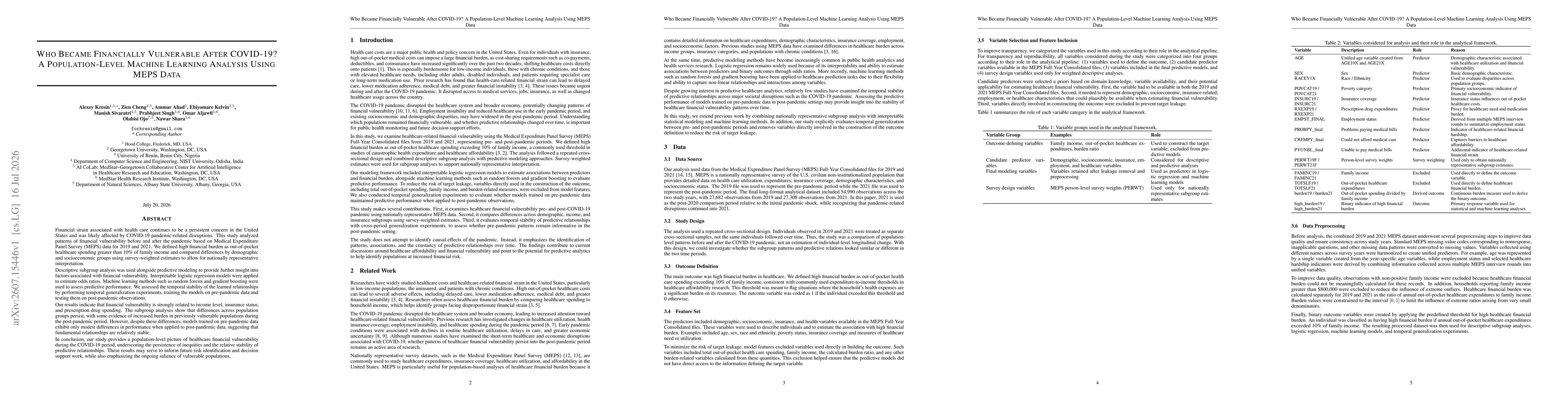 Thumbnail for Who Became Financially Vulnerable After COVID-19? A Population-Level Machine Learning Analysis Using MEPS Data