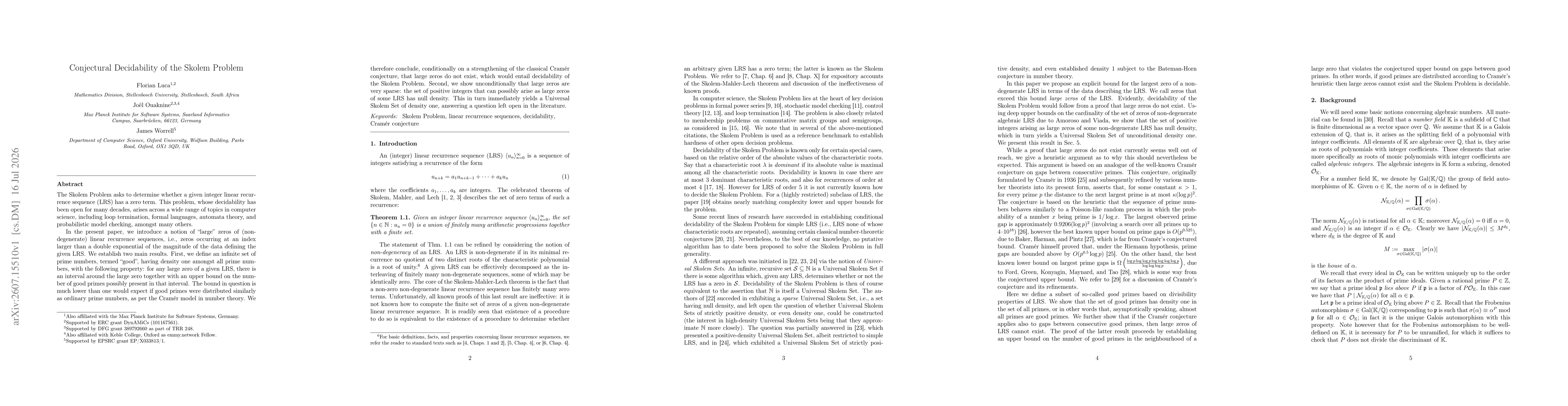 Thumbnail for Conjectural Decidability of the Skolem Problem