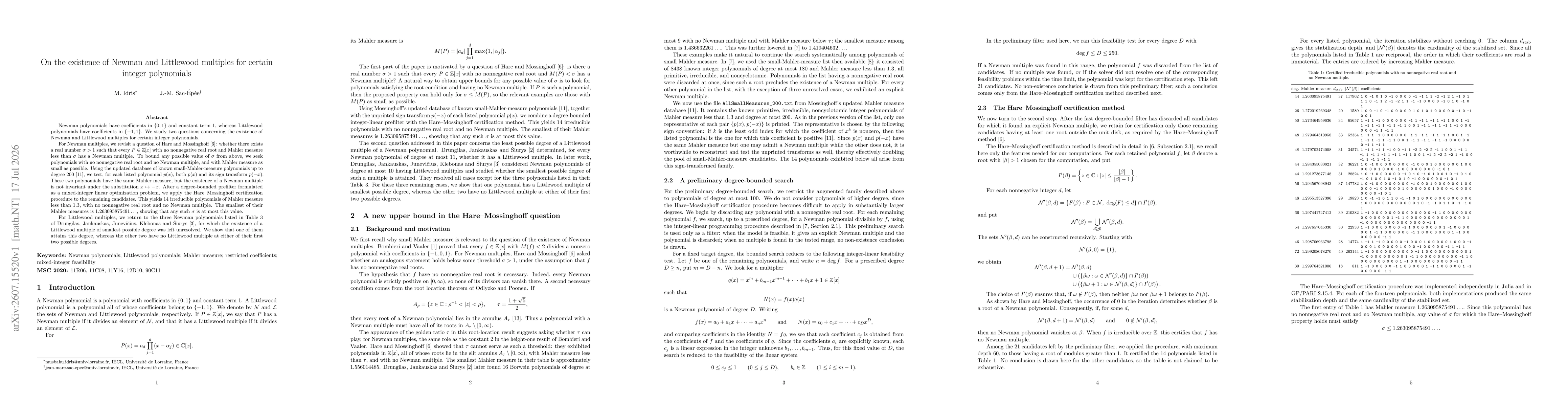 Thumbnail for On the existence of Newman and Littlewood multiples for certain integer polynomials