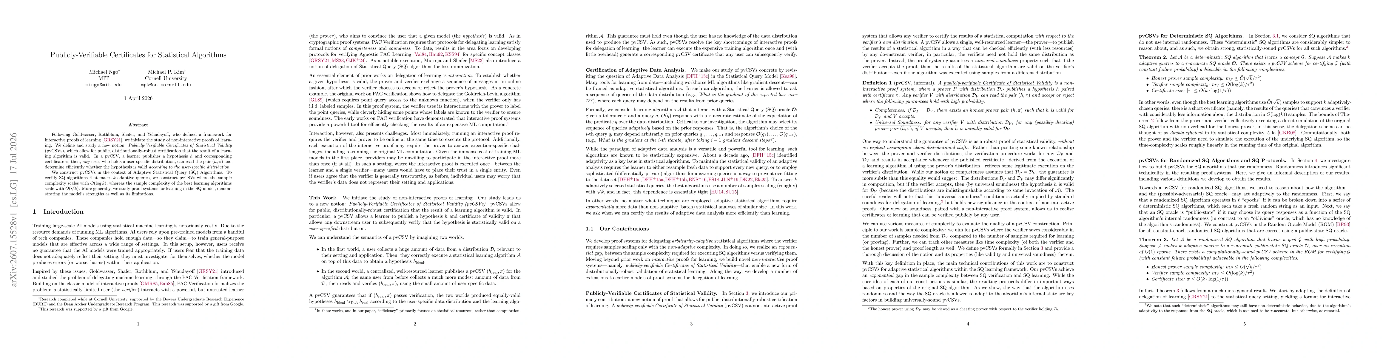Thumbnail for Publicly-Verifiable Certificates for Statistical Algorithms