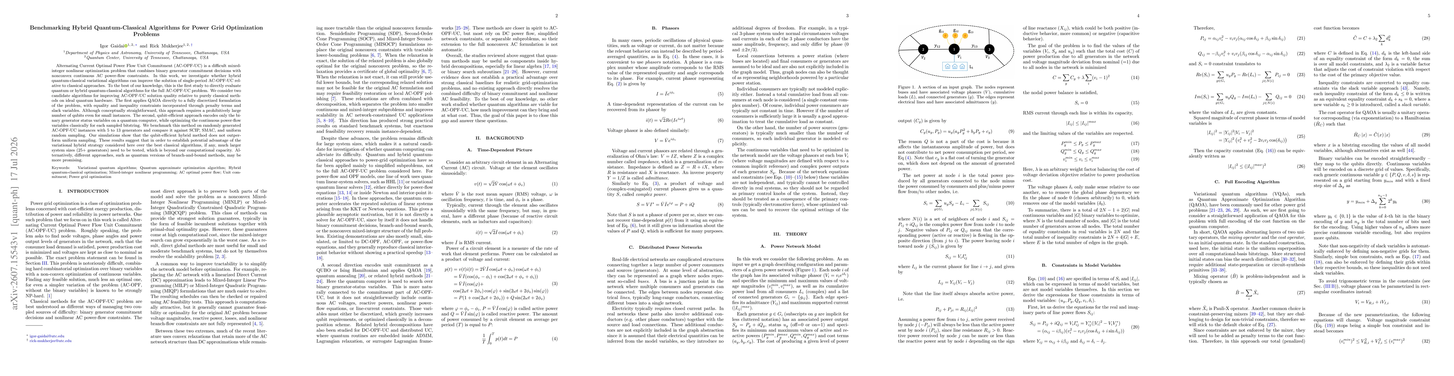 Thumbnail for Benchmarking Hybrid Quantum-Classical Algorithms for Power Grid Optimization Problems