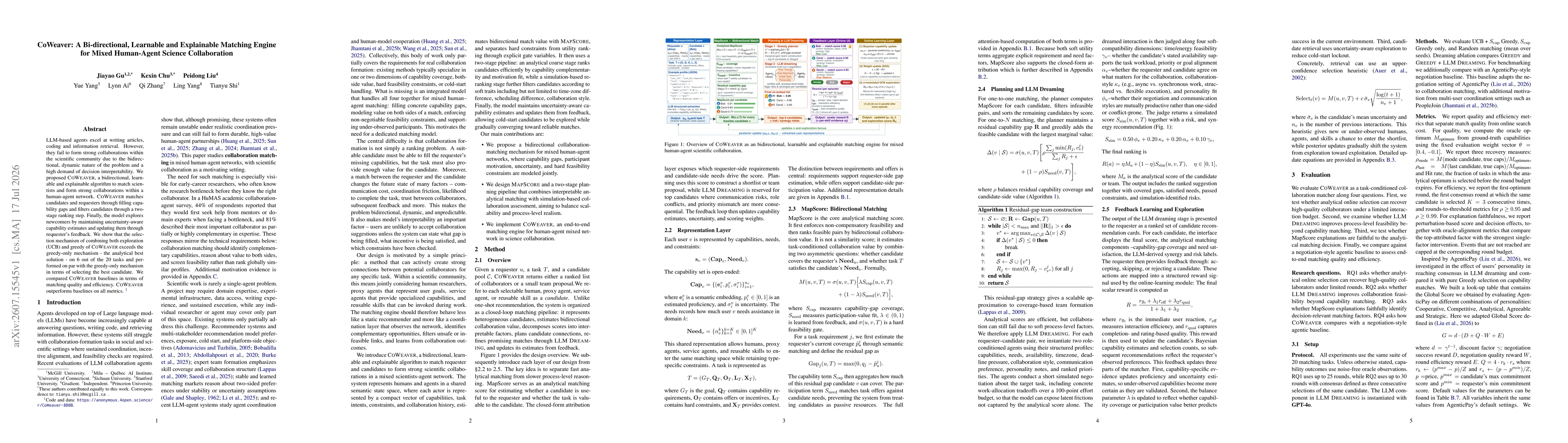 Thumbnail for CoWeaver: A Bi-directional, Learnable and Explainable Matching Engine for Mixed Human-Agent Science Collaboration