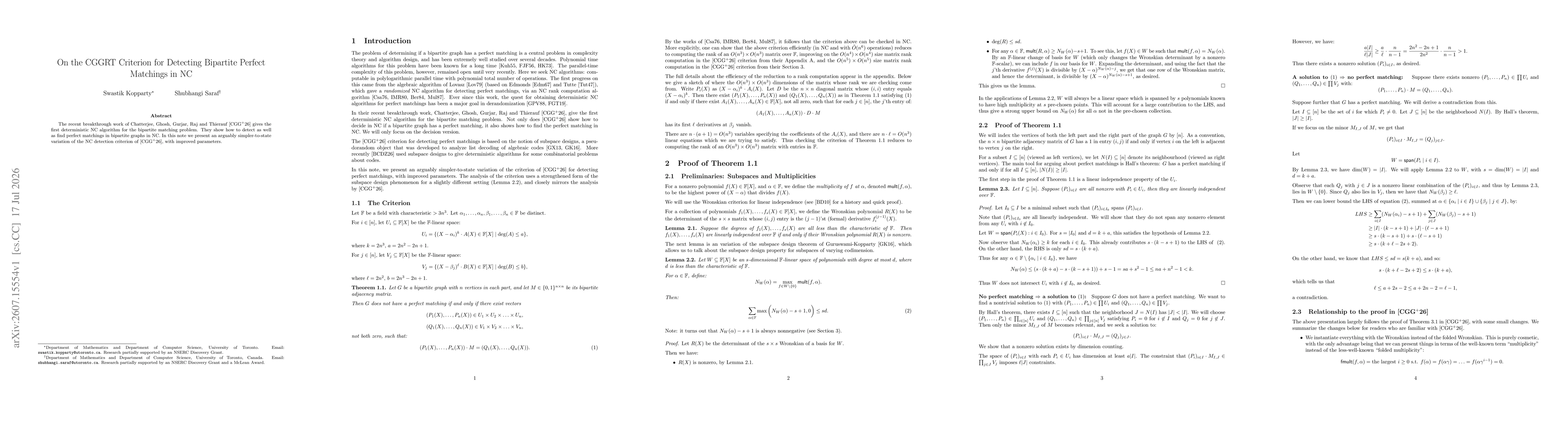 Thumbnail for On the CGGRT Criterion for Detecting Bipartite Perfect Matchings in NC