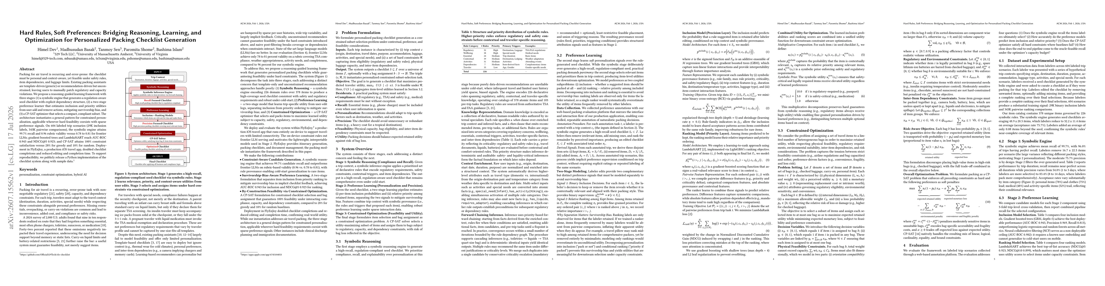 Thumbnail for Hard Rules, Soft Preferences: Bridging Reasoning, Learning, and Optimization for Personalized Packing Checklist Generation