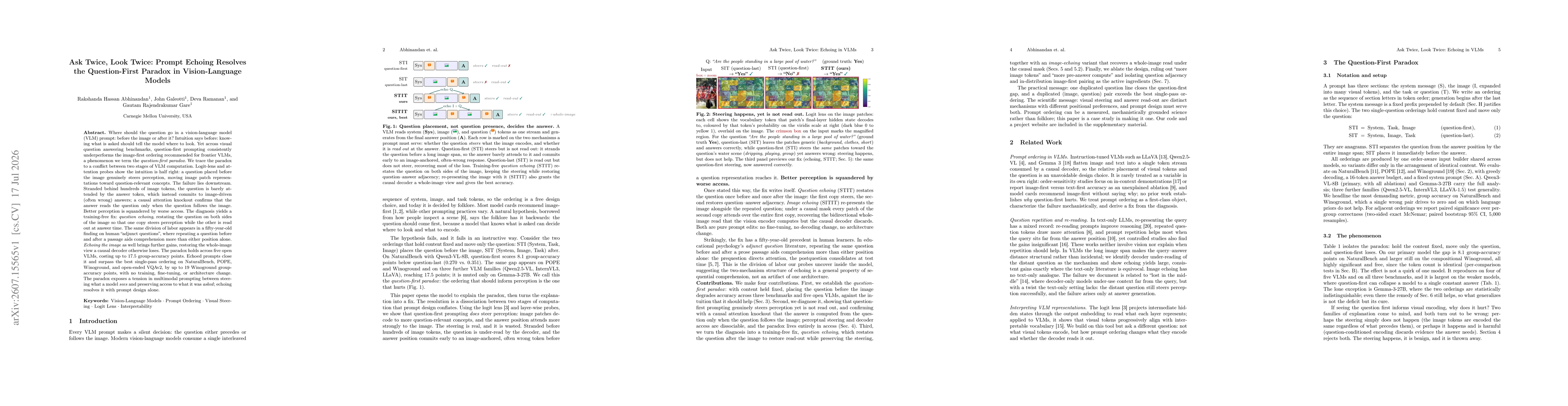 Thumbnail for Ask Twice, Look Twice: Prompt Echoing Resolves the Question-First Paradox in Vision-Language Models