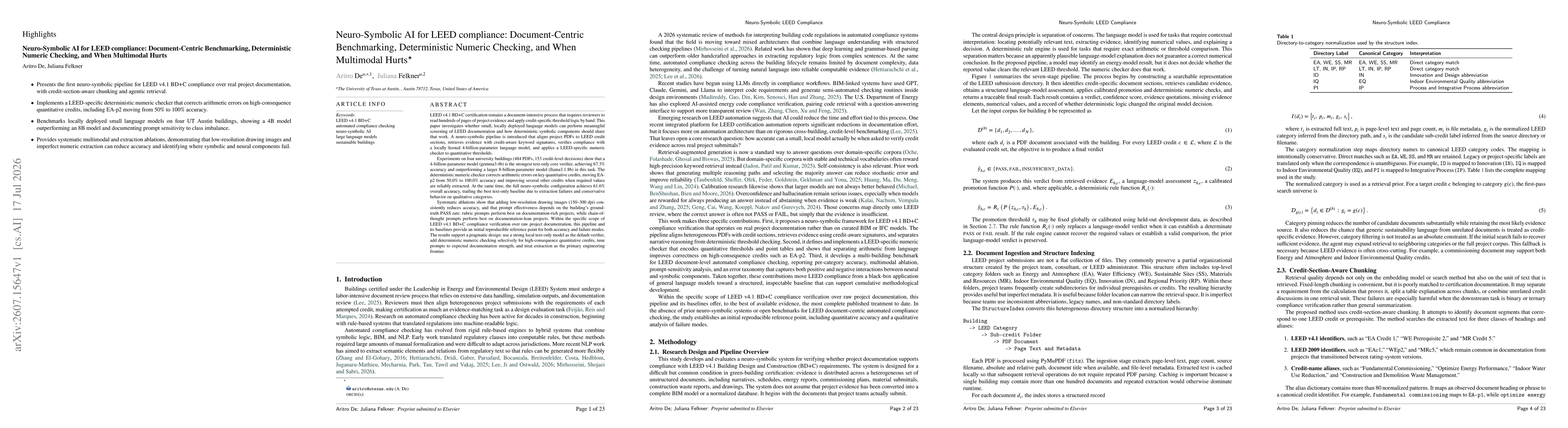 Thumbnail for Neuro-Symbolic AI for LEED compliance: Document-Centric Benchmarking, Deterministic Numeric Checking, and When Multimodal Hurts