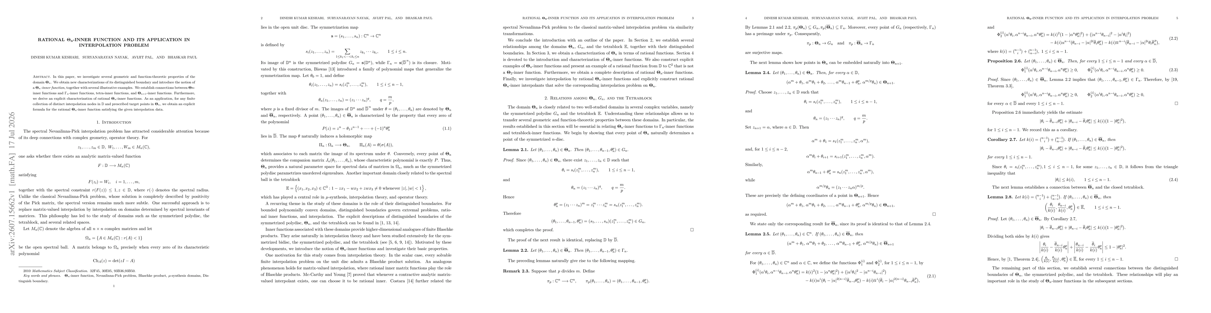 Thumbnail for Rational $\mathbf{Θ_n}$-Inner Function and its Application in Interpolation Problem