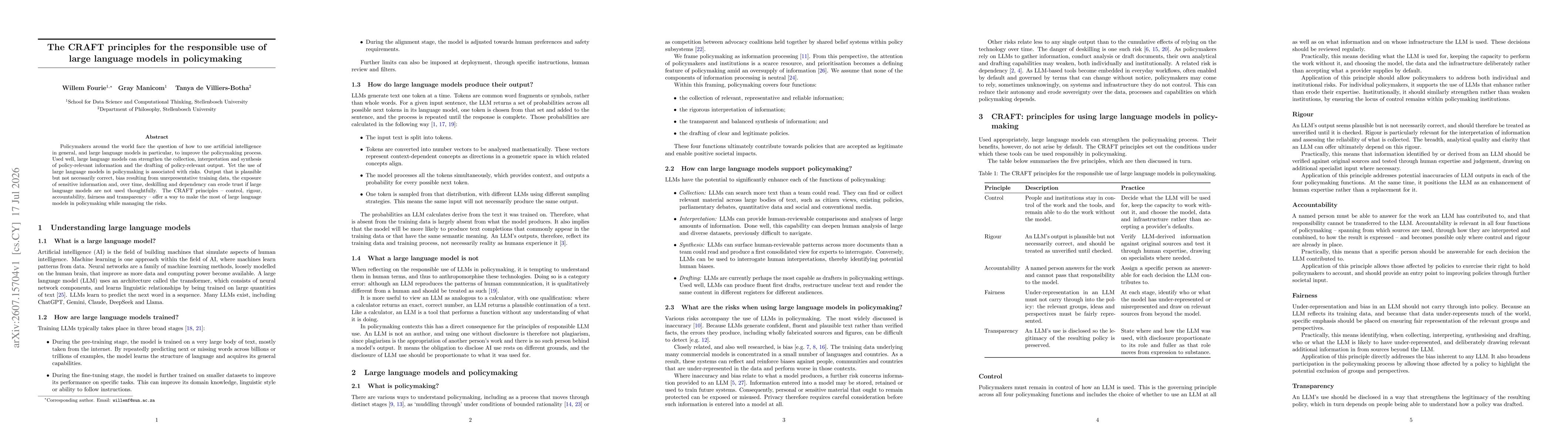 Thumbnail for The CRAFT principles for the responsible use of large language models in policymaking