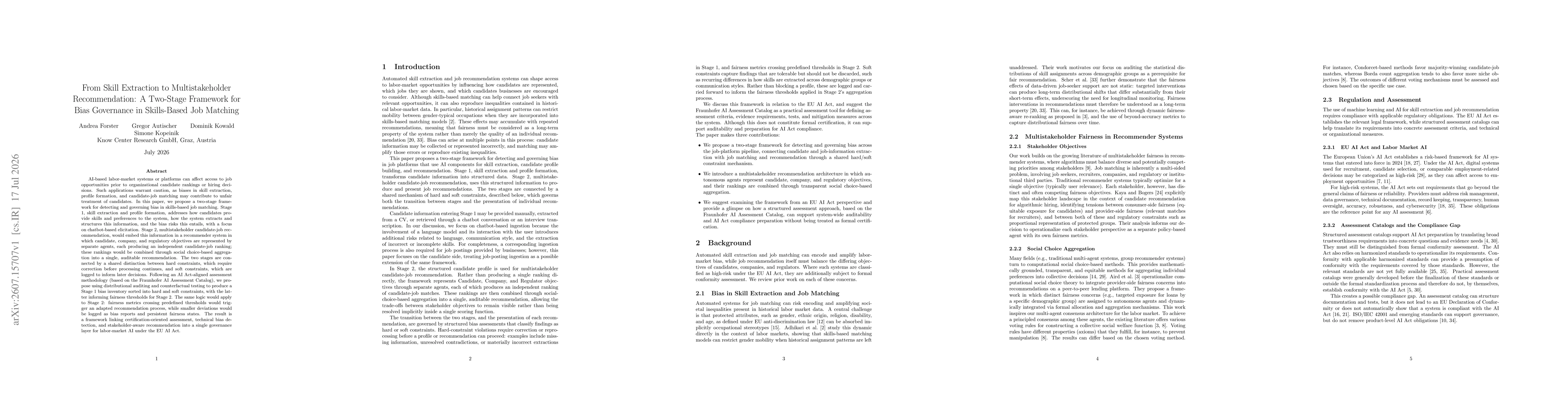 Thumbnail for From Skill Extraction to Multistakeholder Recommendation: A Two-Stage Framework for Bias Governance in Skills-Based Job Matching