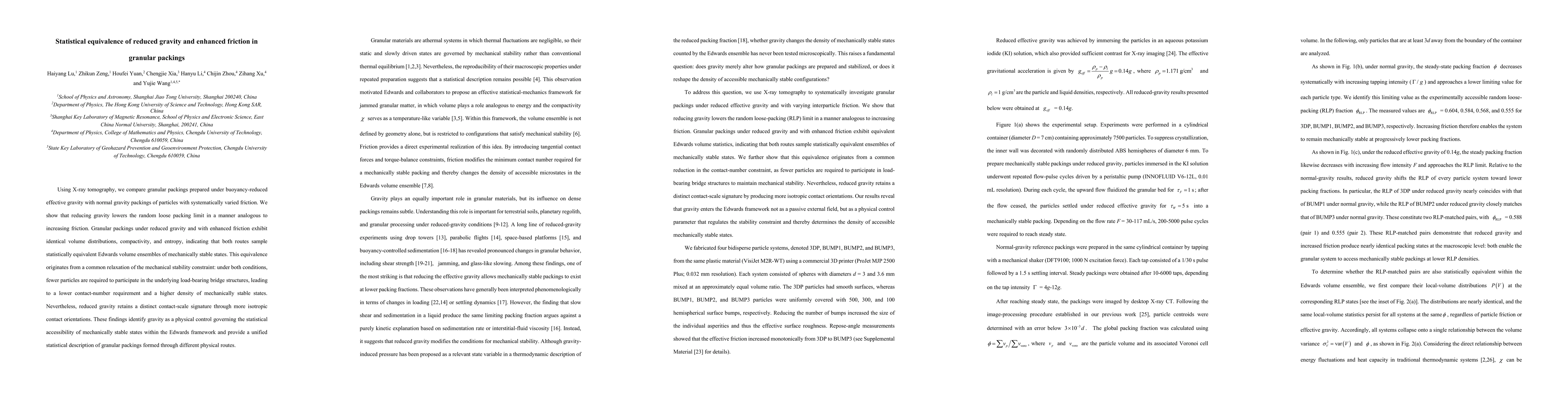 Thumbnail for Statistical equivalence of reduced gravity and enhanced friction in granular packings