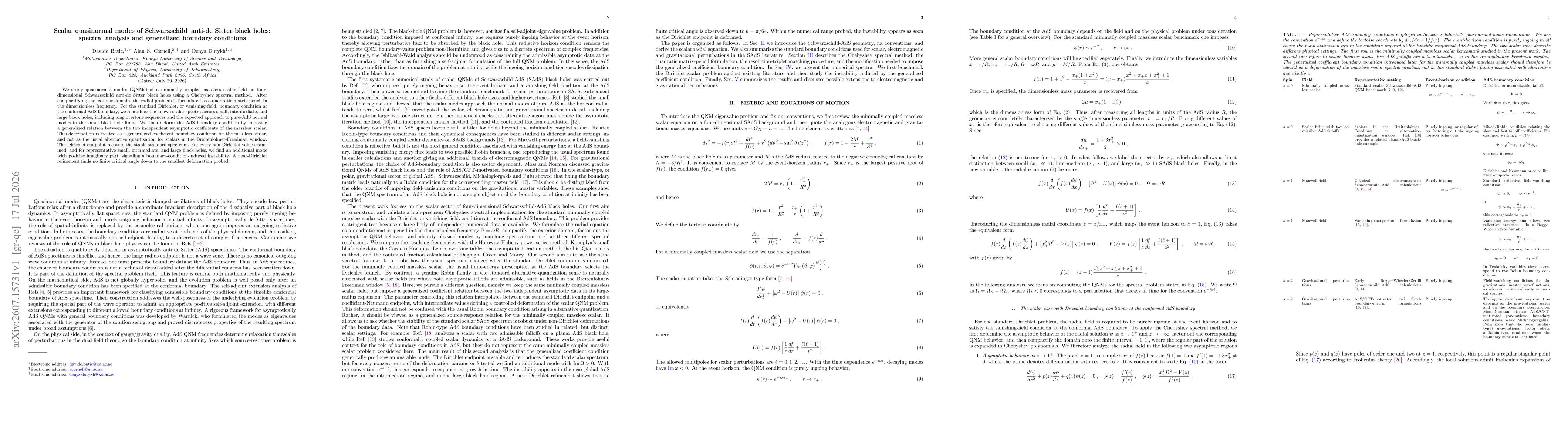 Thumbnail for Scalar quasinormal modes of Schwarzschild--anti-de Sitter black holes: spectral analysis and generalized boundary conditions