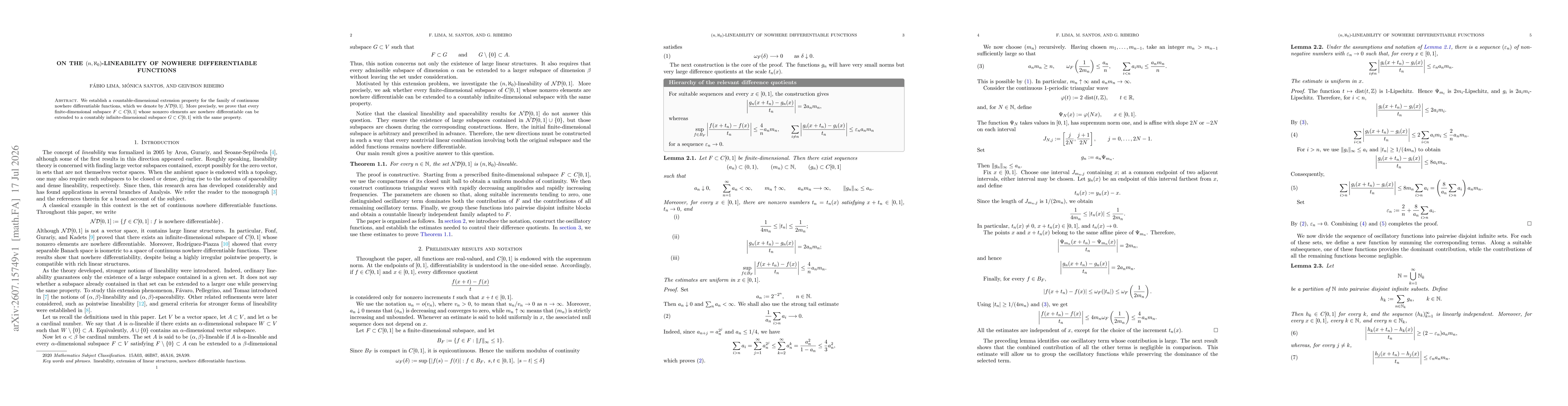 Thumbnail for On the $(n,\aleph_0)$-Lineability of Nowhere Differentiable Functions