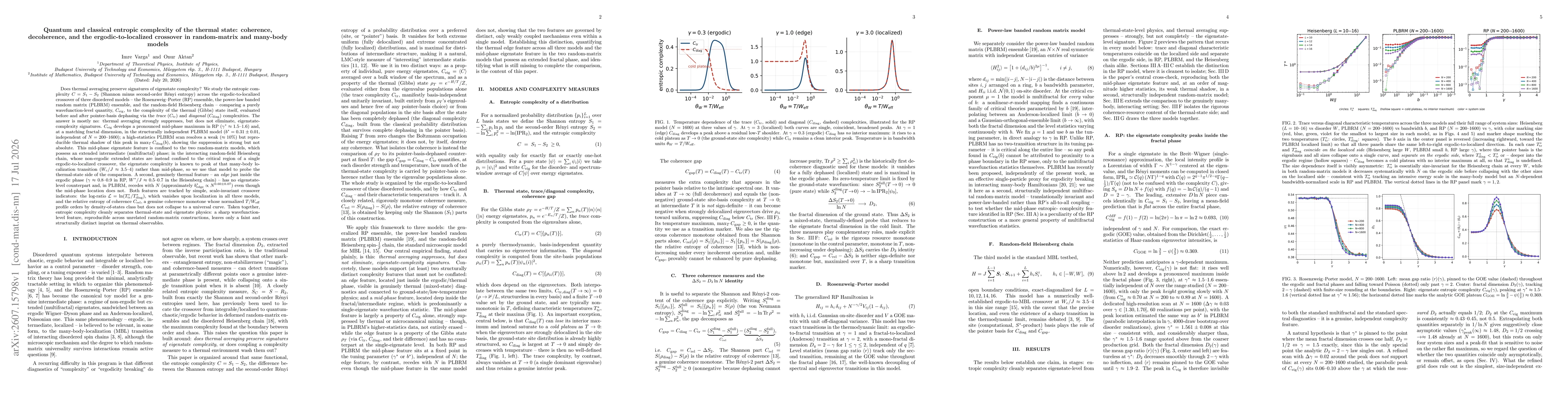 Thumbnail for Quantum and classical entropic complexity of the thermal state: coherence, decoherence, and the ergodic-to-localized crossover in random-matrix and many-body models
