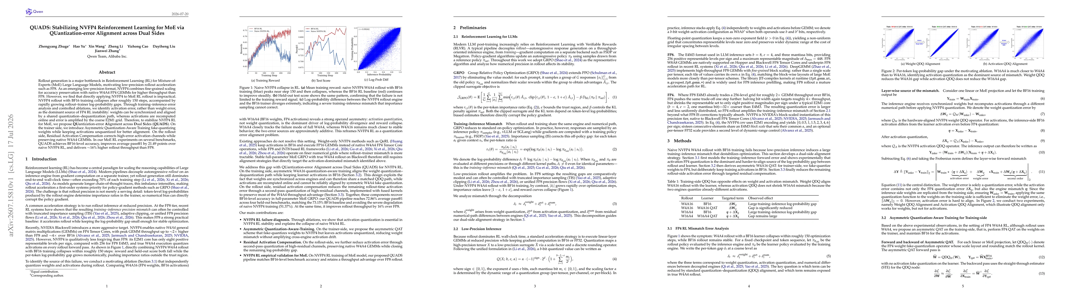 Thumbnail for QUADS: Stabilizing NVFP4 Reinforcement Learning for MoE via QUantization-error Alignment across Dual Sides