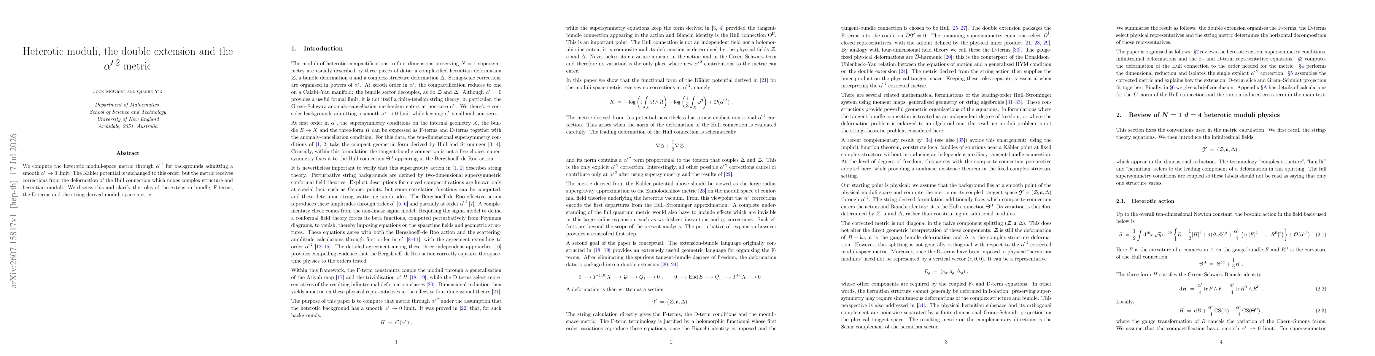 Thumbnail for Heterotic moduli, the double extension and the alpha'^2 metric