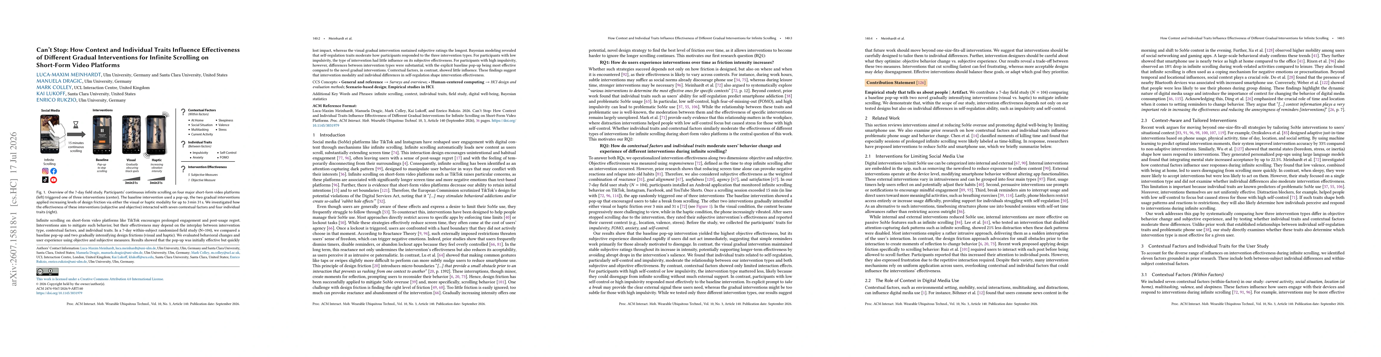 Thumbnail for Can't Stop: How Context and Individual Traits Influence Effectiveness of Different Gradual Interventions for Infinite Scrolling on Short-Form Video Platforms
