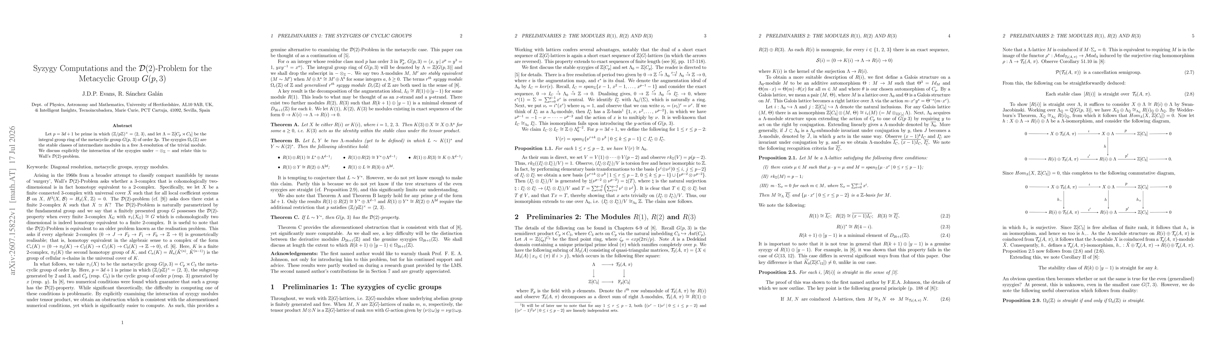 Thumbnail for Syzygy Computations and the D(2)-Problem for the Metacyclic Group G(p,3)