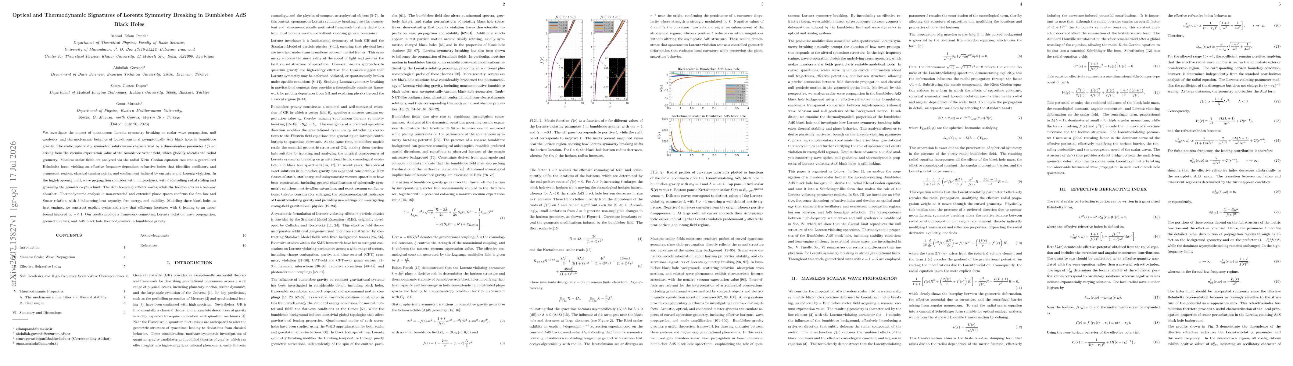 Thumbnail for Optical and Thermodynamic Signatures of Lorentz Symmetry Breaking in Bumblebee AdS Black Holes
