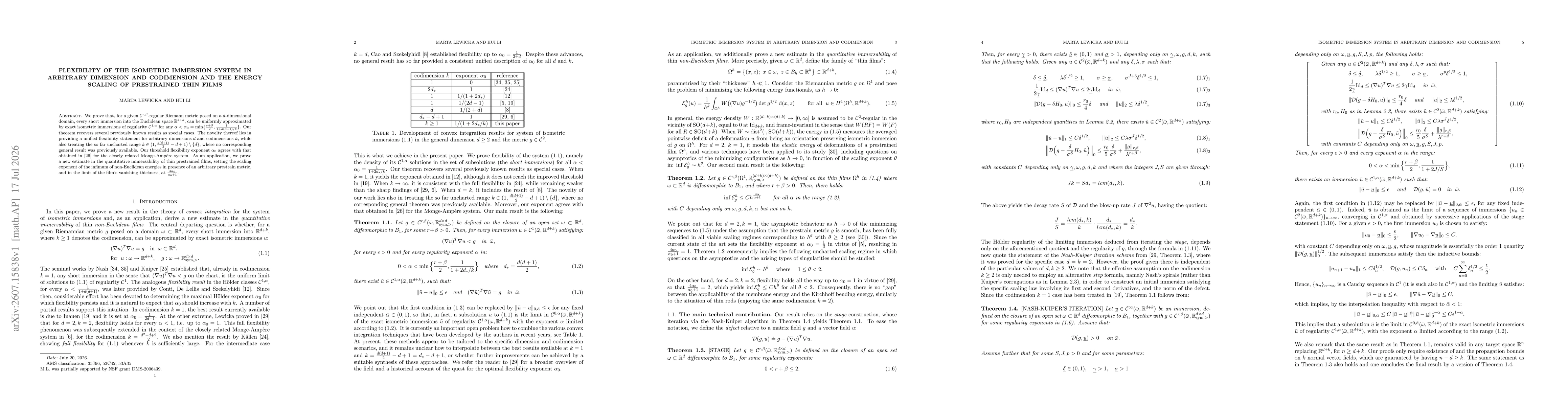 Thumbnail for Flexibility of the isometric immersion system in arbitrary dimension and codimension and the energy scaling of prestrained thin films
