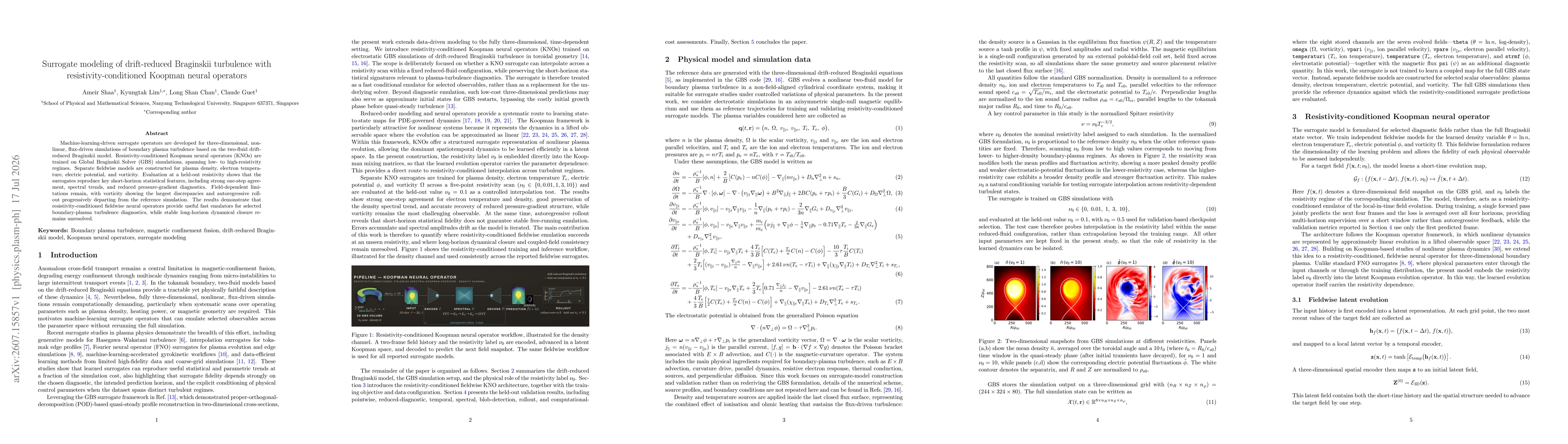 Thumbnail for Surrogate modeling of drift-reduced Braginskii turbulence with resistivity-conditioned Koopman neural operators