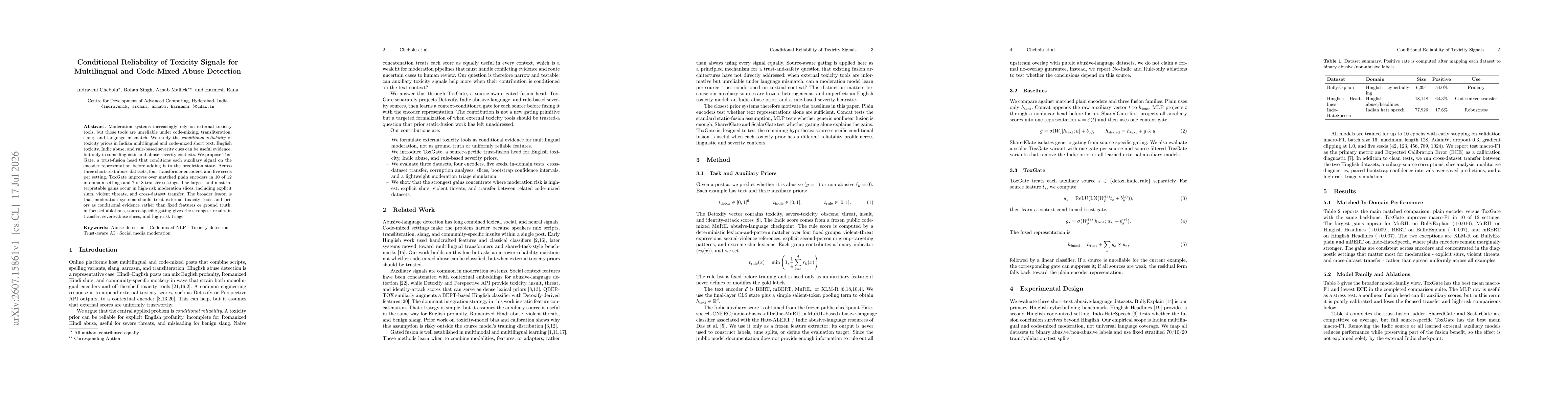 Thumbnail for Conditional Reliability of Toxicity Signals for Multilingual and Code-Mixed Abuse Detection