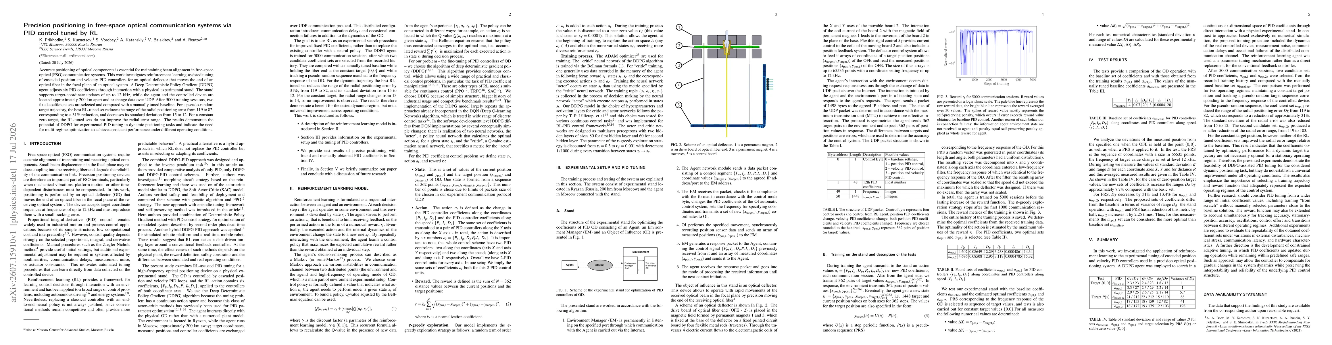 Thumbnail for Precision positioning in free-space optical communication systems via PID control tuned by RL
