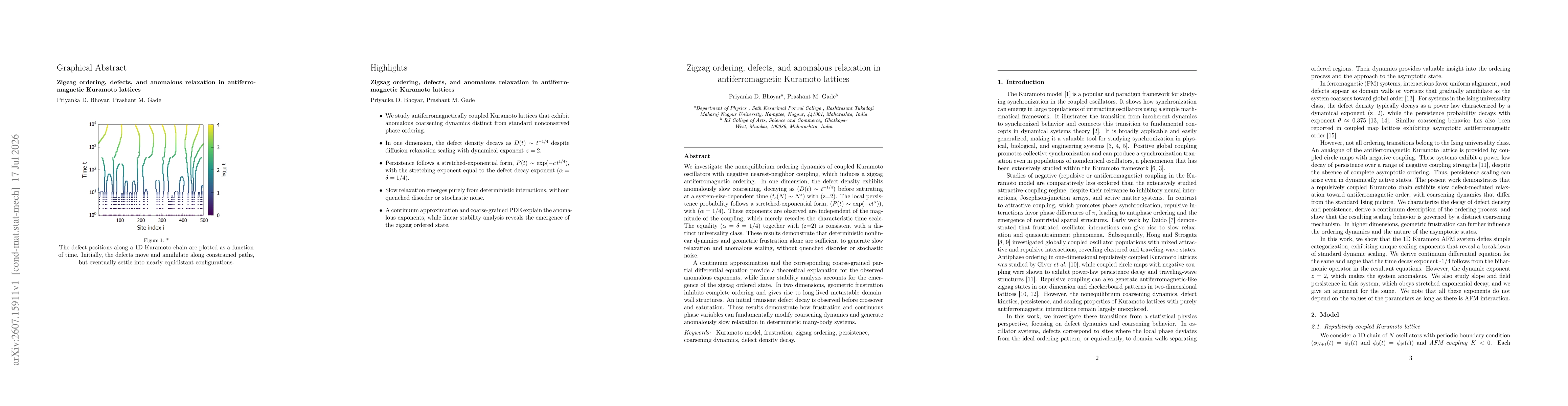 Thumbnail for Zigzag ordering, defects, and anomalous relaxation in antiferromagnetic Kuramoto lattices