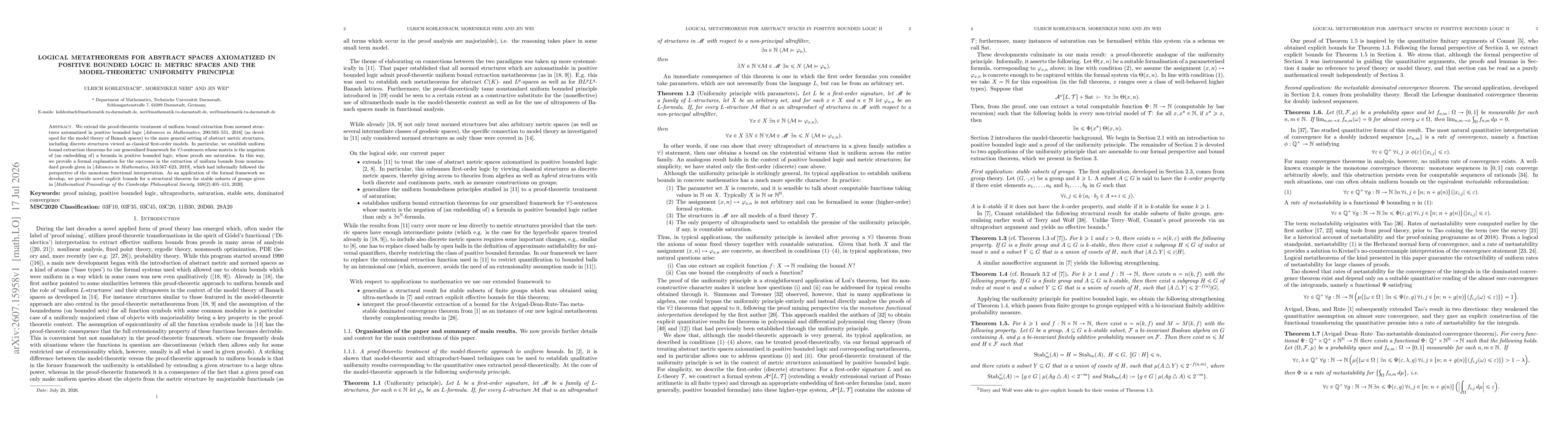 Thumbnail for Logical Metatheorems for Abstract Spaces axiomatized in Positive Bounded Logic II: Metric spaces and the model-theoretic uniformity principle