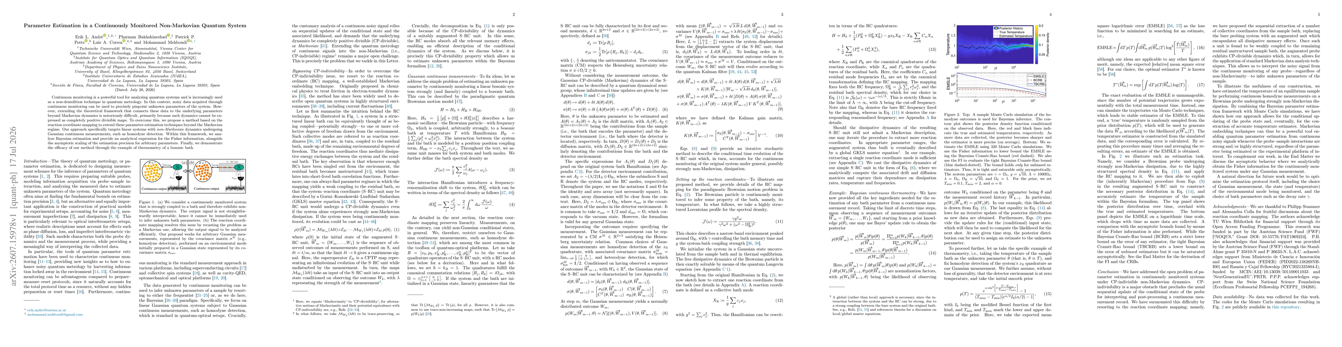 Thumbnail for Parameter Estimation in a Continuously Monitored Non-Markovian Quantum System