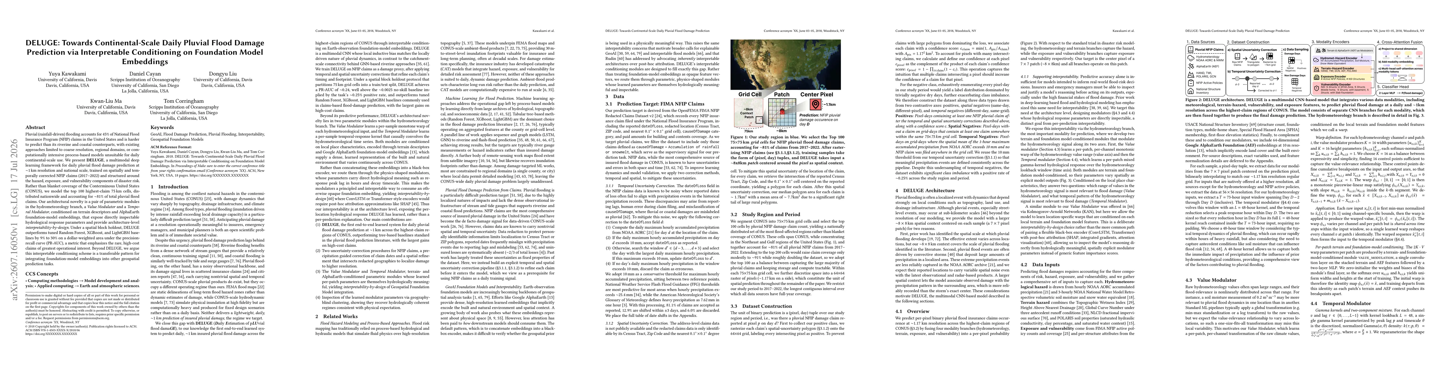 Thumbnail for DELUGE: Towards Continental-Scale Daily Pluvial Flood Damage Prediction via Interpretable Conditioning on Foundation Model Embeddings