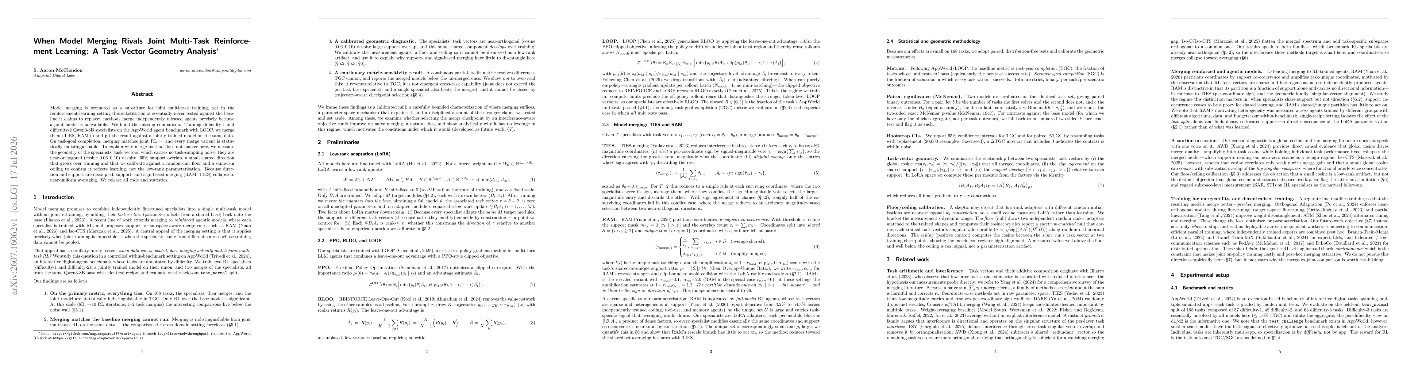 Thumbnail for When Model Merging Rivals Joint Multi-Task Reinforcement Learning: A Task-Vector Geometry Analysis