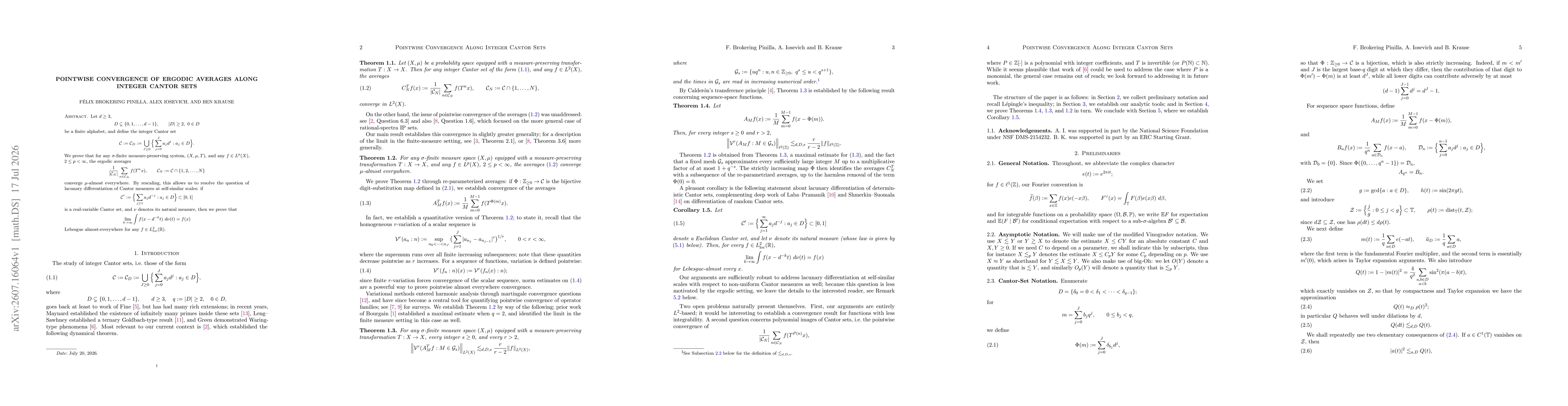 Thumbnail for Pointwise Convergence of Ergodic Averages Along Integer Cantor Sets